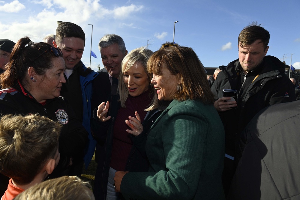 First Minister Michelle O’Neill, centre, returned to the scene on Wednesday with Sinn Féin president Mary Lou McDonald, centre right (Mark Marlow/PA) (PA Wire)