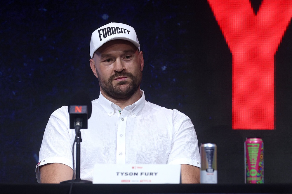 Tyson Fury looks on during the announcement for the upcoming Fury vs. Joshua fight (Getty)