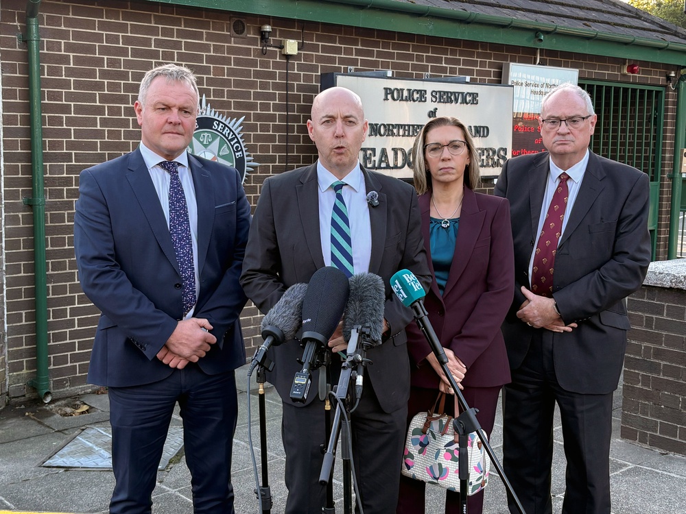 UUP councillor Kyle Savage, party leader Jon Burrows MLA, election candidate Kathryn Owen and Steve Aiken MLA outside PSNI headquarters in Belfast (David Young/PA) (PA Wire)