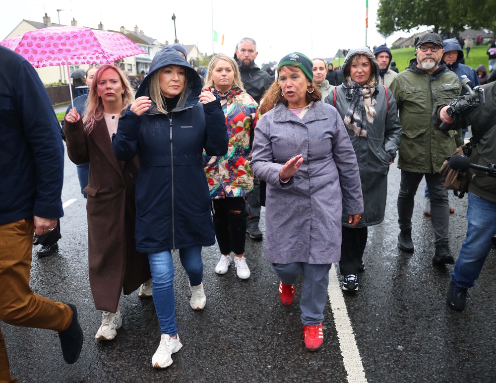 First Minister Michelle O’Neill (centre left) and Sinn Féin president Mary Lou McDonald (centre right) at the Garvaghy Road protest on Sunday (Peter Morrison/PA) (PA Wire)