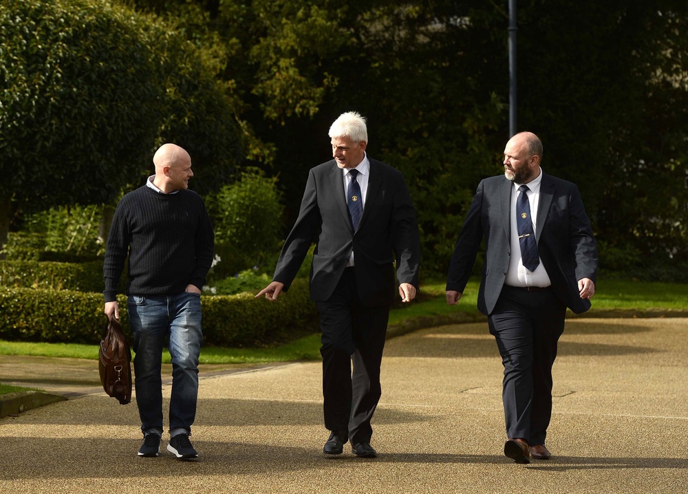 Portadown Orange Order district master Nigel Dawson (centre), legal adviser to the Orange Order and spokesperson Jamie Bryson (left), and deputy district master of Portadown Orange Order Alastair Power at Hillsborough Castle (Mark Marlow/PA) (PA Wire)