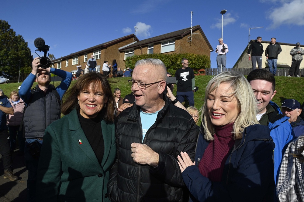 Sinn Féin President Mary Lou McDonald and First Minister Michelle O’Neill meeting locals on the Garvaghy Road (Mark Marlow/PA) (PA Wire)
