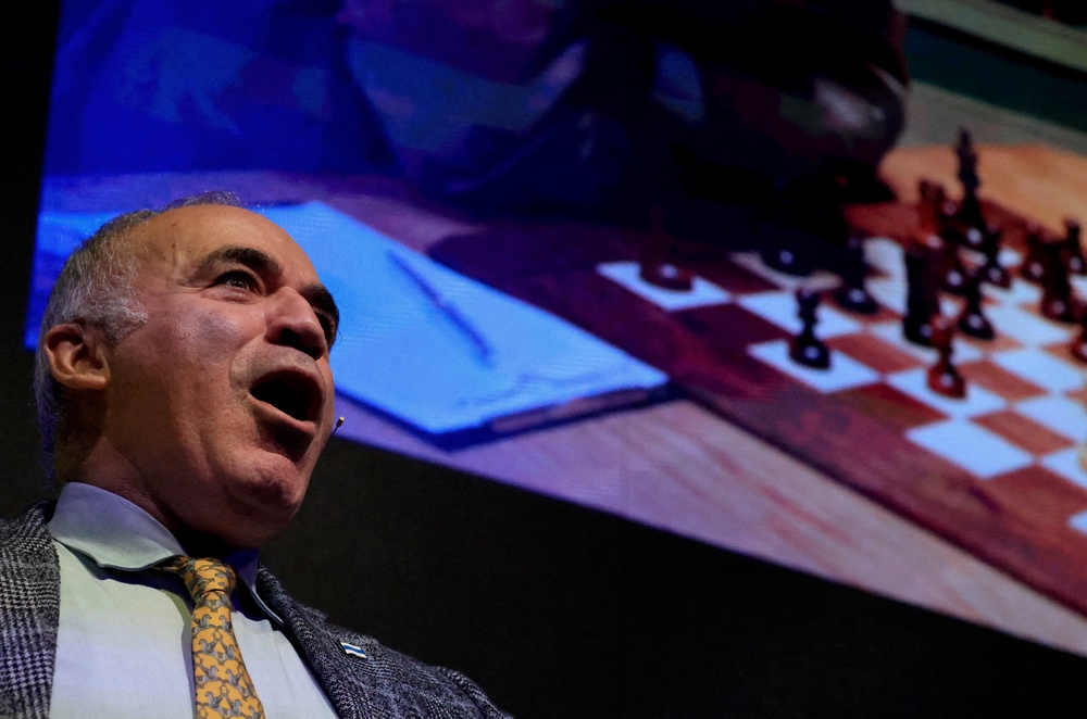 Russian former world chess champion Garry Kasparov speaks to the audience at the Mobile World Congress (MWC) in Barcelona, Spain 3 March 2025 (Reuters)
