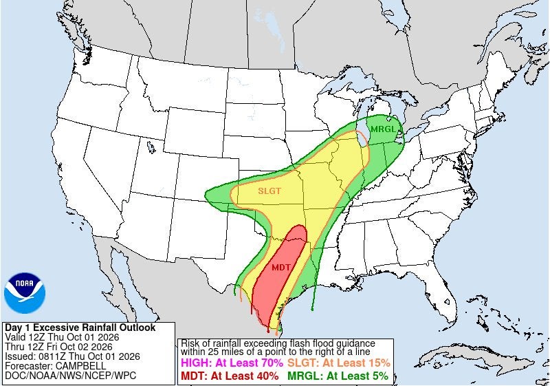 This map from the National Weather Service's Weather Prediction Center shows where the risks of excessive rainfall are the highest on Thursday and Friday (NWS)