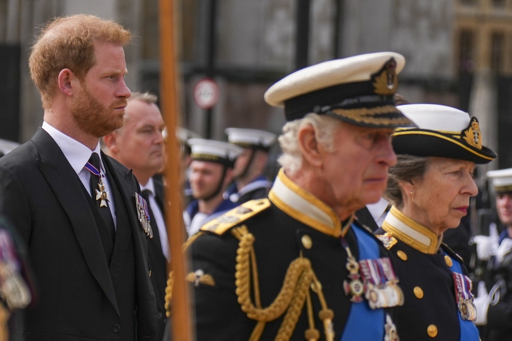 The King, the Princess Royal and the Duke of Sussex on the day of Queen Elizabeth II’s funeral (Emilio Morenatti/PA) (PA Archive)