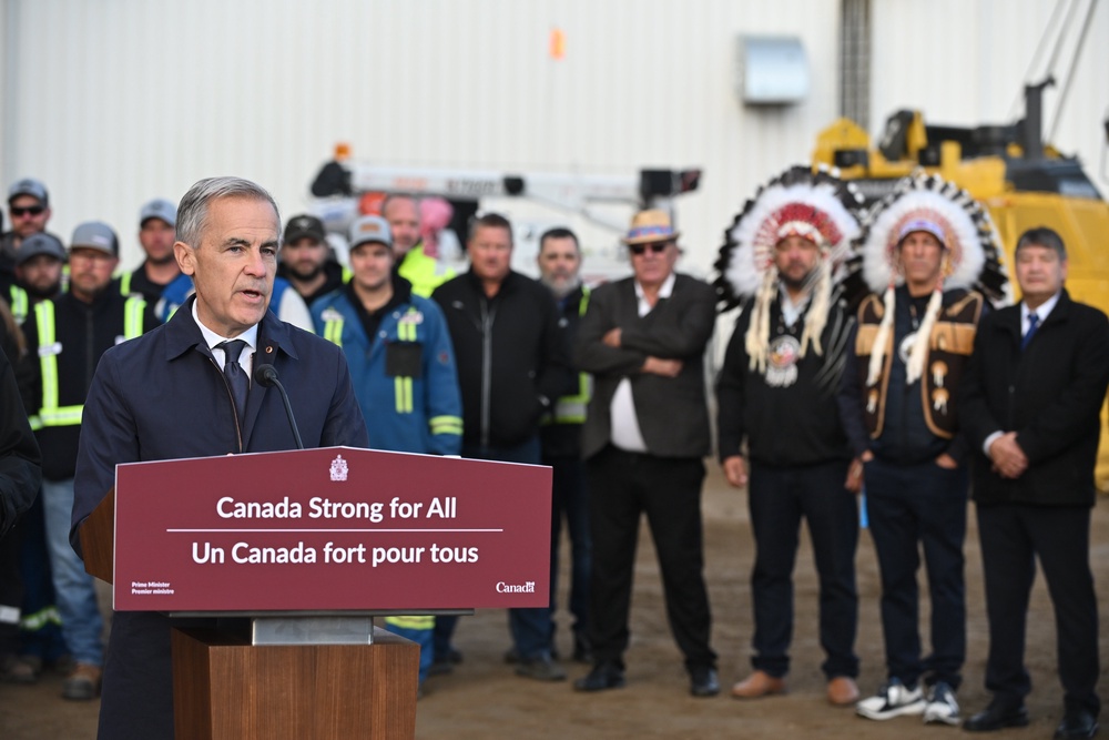 Prime Minister Mark Carney speaks during a news conference in Fort McMurray, Alberta, Canada, on Thursday, Oct. 1, 2026, regarding the Pacific Link pipeline project (Greg Halinda/The Canadian Press via AP)