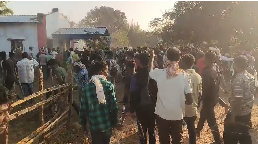 A crowd of villagers protests to prevent the burial of a Christian convert in Kanker district of Chhattisgarh in December 2025 (Supplied)
