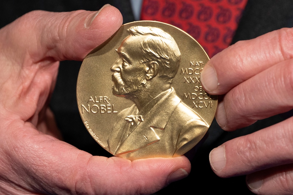 A close-up view of a Nobel Prize medal at the National Institutes of Health (NIH) in Bethesda, Md., Dec. 8, 2020. (AP Photo/Jacquelyn Martin, File) (Copyright 2020 Jacquelyn Martin. All rights reserved.)