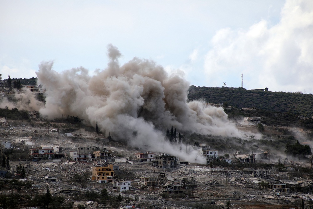 This picture taken from the southern Lebanese village of Hanniyeh shows smoke billowing from a site of an Israeli controlled explosion in the nearby village of al-Mansouri on October 1, 2026 (AFP/Getty)