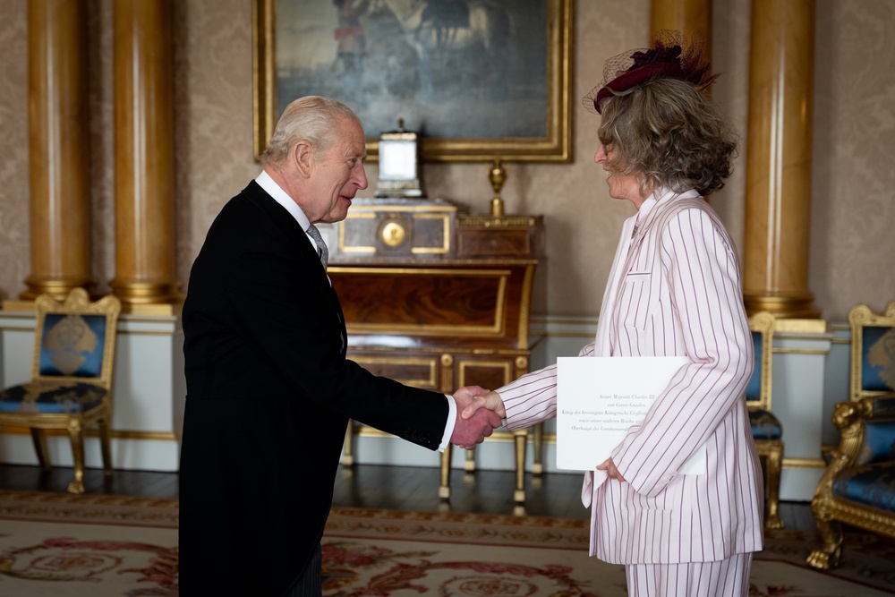Susanne Baumann, pictured with King Charles last year, said Britain will find a ‘partner’ in Germany should the public decide to rejoin the EU (Getty)