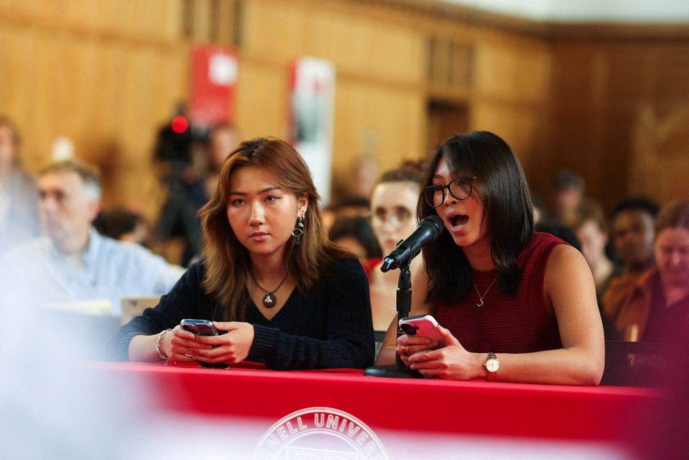 ‘I cannot pretend this is a normal Thursday,’ Sophia Riley, a junior, said during the town hall, according to The New York Times. ‘I cried about it then, and I’m still equally devastated now.’ (Reuters)