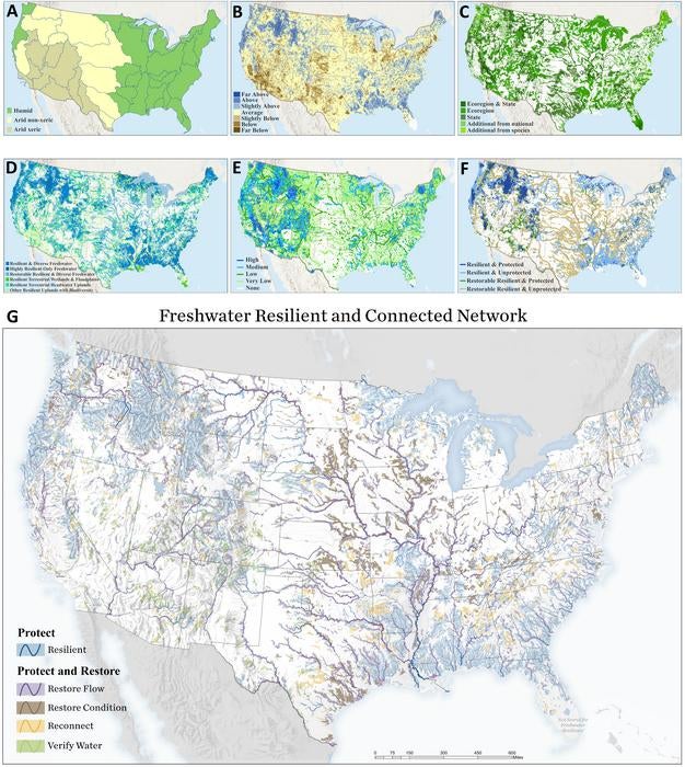 A new map shows which rivers are resilient and which are vulnerable across the U.S. The rivers are highlighted with colors - blue, purple, brown, yellow and green - that correspond to their level of resiliency as shown in the key on the bottom left of the image (Anderson et al., 2026, PLOS One, CC-BY 4.0 (https://creativecommons.org/licenses/by/4.0/))