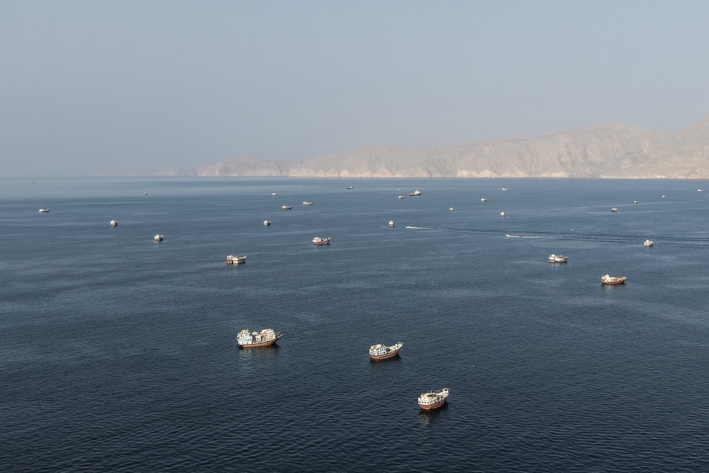 An aerial view shows ships anchored off the coast of Khasab in Oman's Musandam Governorate, near the Strait of Hormuz, on October 2, 2026. (AFP/Getty)