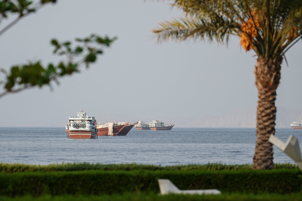 Ships are anchored off the coast of Khasab in Oman's Musandam Governorate, near the Strait of Hormuz, on October 2, 2026. (AFP/Getty)