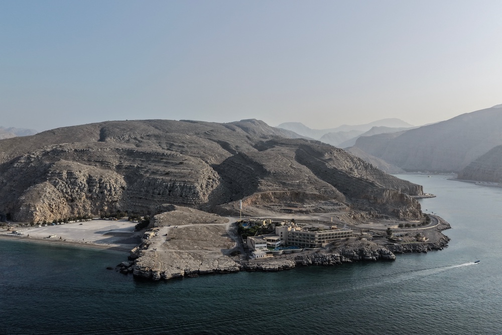 An aerial view shows the coastline of Khasab in Oman's Musandam Governorate, near the Strait of Hormuz, on October 2, 2026. (AFP/Getty)