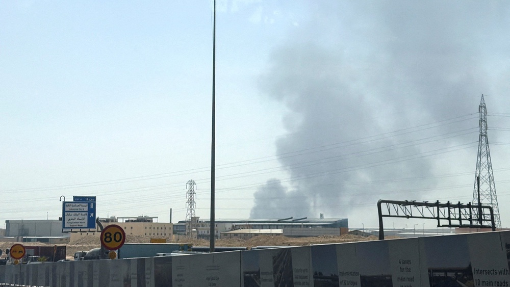 Smoke rises from a fire at the Aramco refinery south of Riyadh, Saudi Arabia, October 3, 2026. (Reuters)