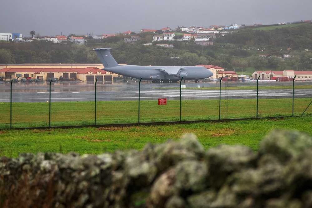 A U.S. military plane on the tarmac of Lajes air base in Terceira island, Azores, Portugal, February 21, 2026. (Reuters)