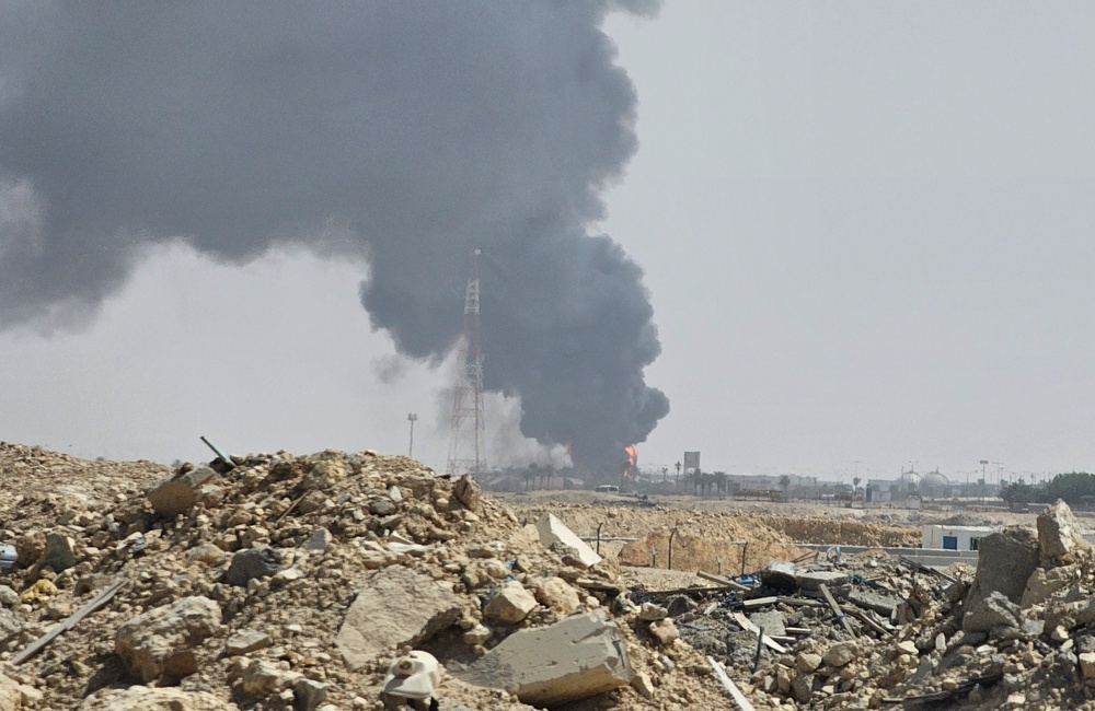 Black smoke and flames rise from an oil facility in an industrial area in southern Riyadh, Saudi Arabia, Saturday, Oct. 3, 2026. (AP)