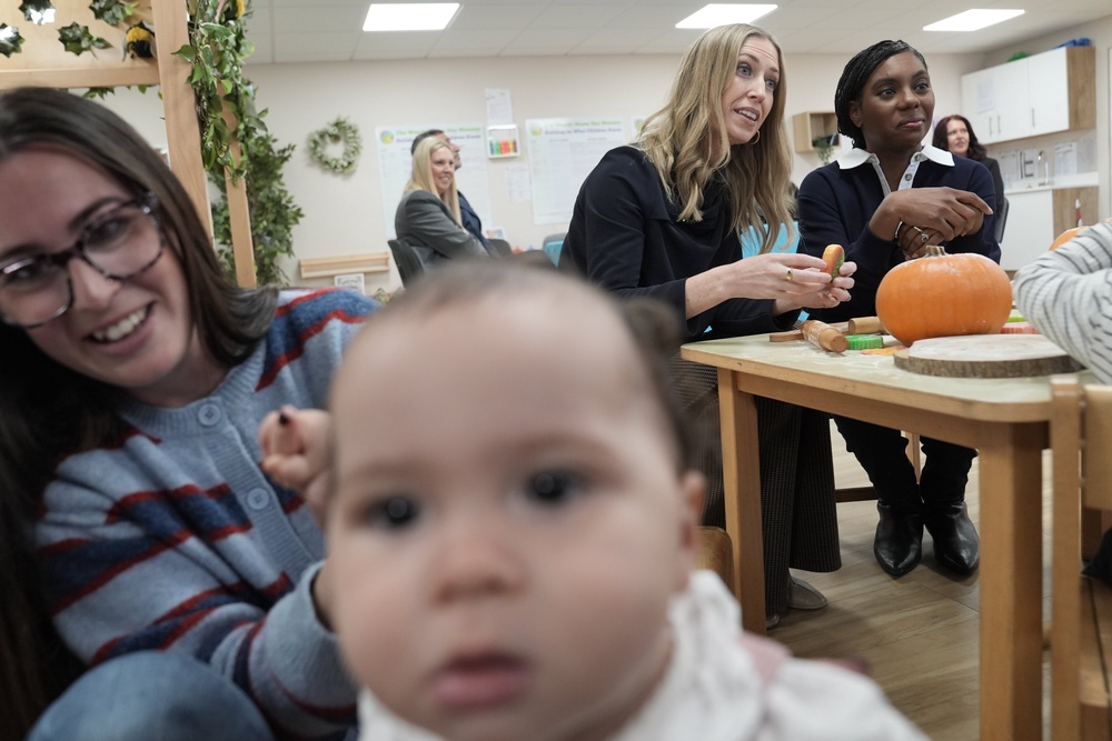 Conservative Party leader Kemi Badenoch (right) and shadow education secretary Laura Trott (centre) during a visit to the Wendy House Day Nursery, in Wythall, Birmingham (PA)