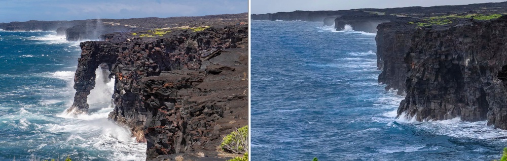 These photos provided by USGS shows from left, the Hōlei Sea Arch in Hawaii Volcanoes National Park in 2022 the Hōlei Sea Arch after collapsing into the Pacific Ocean on Sept. 27, 2026 (AP)