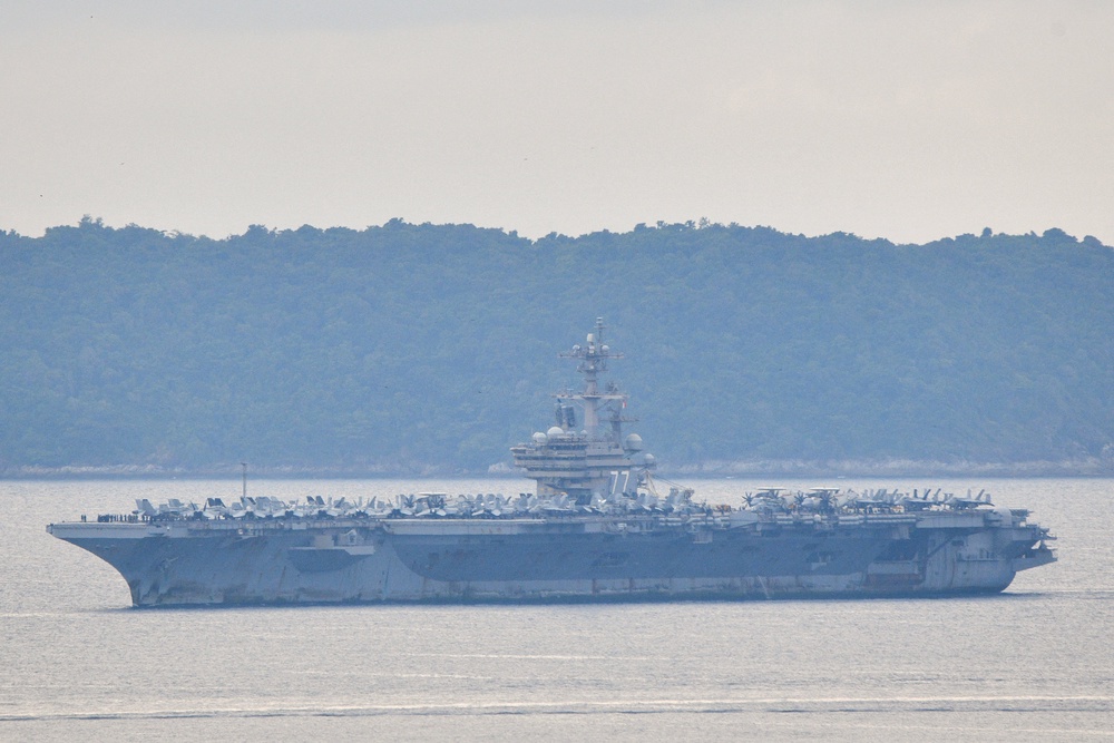 The USS George H.W. Bush arrives near Phuket Deep Sea Port before docking for a rest stop following a long deployment in the Middle East, in Phuket, Thailand, October 4, 2026. (Reuters)