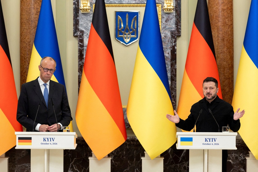Ukraine's President Volodymyr Zelensky and German Chancellor Friedrich Merz attend a press conference, amid Russia's attack on Ukraine, in Kyiv, Ukraine, October 4, 2026. (Reuters)