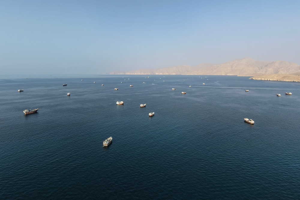 An aerial view shows ships anchored off the coast of Khasab in Oman's Musandam Governorate, near the Strait of Hormuz, on October 2, 2026. (AFP/Getty)