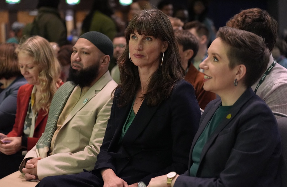 (left to right) Sian Berry, Mothin Ali, Rachel Millward and Carla Denyer ahead of leader Zack Polanski’s speech (Andrew Matthews/PA) (PA Archive)