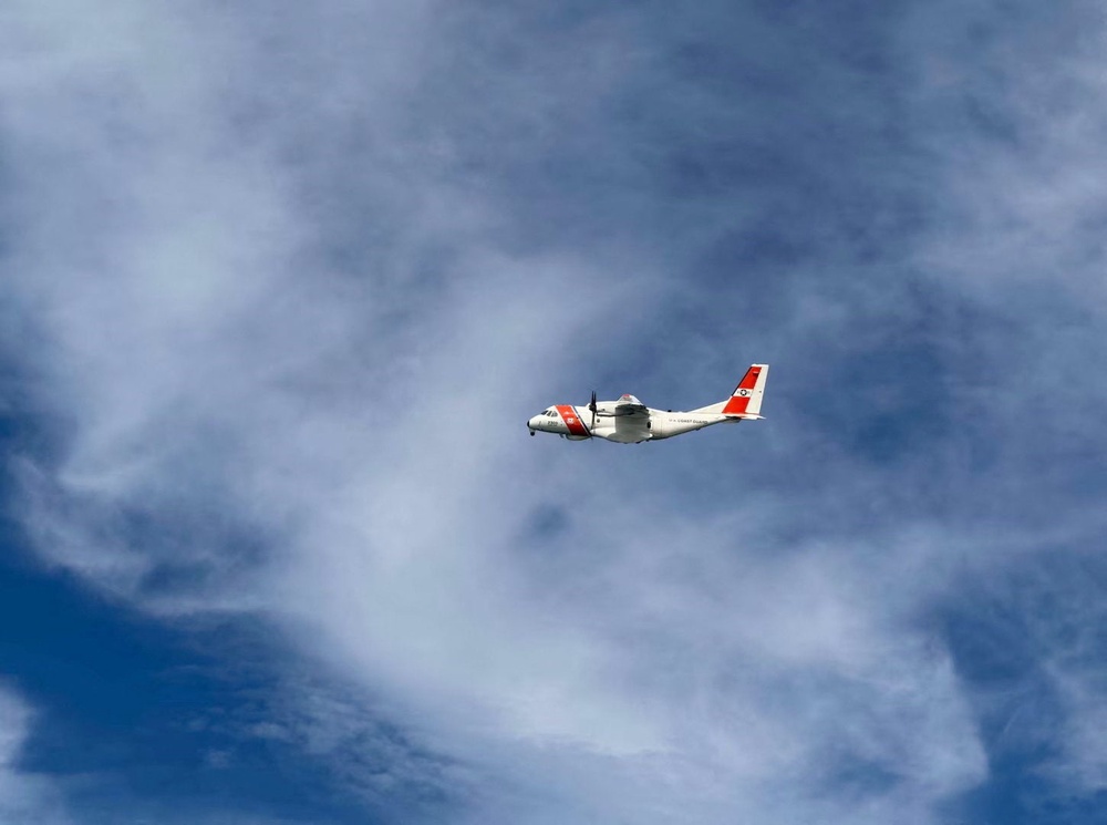 A US Coast Guard plane searches for people after it found debris from a medical transport aircraft off the shore of Massachusetts' Nantucket island, US, October 3, 2026 (Reuters)