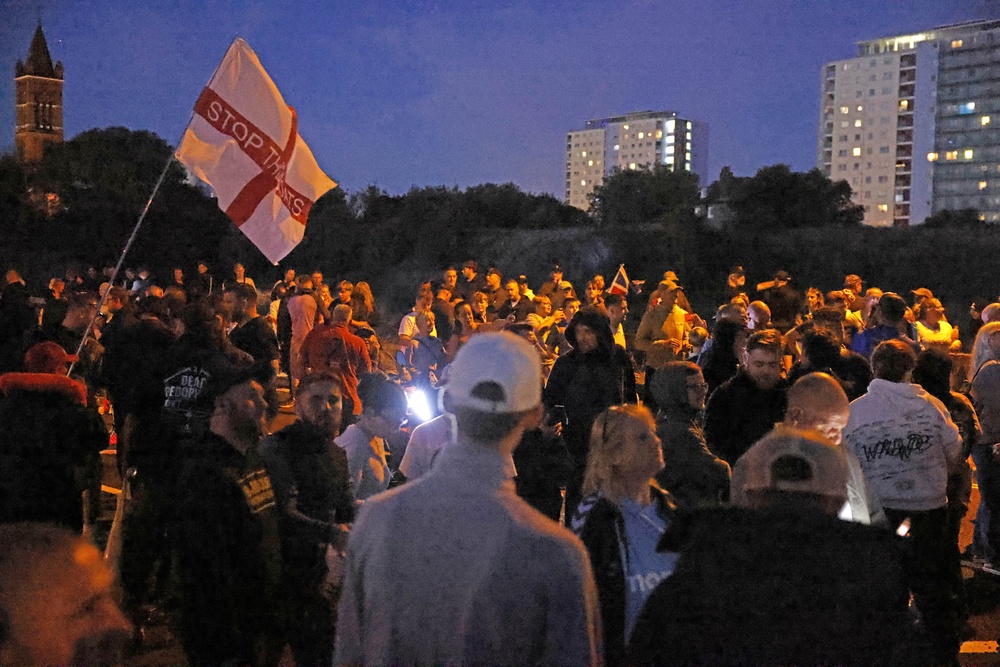 Demonstrators during an anti-migrant protest in Gosport (Trevor Adams/PA) (PA Wire)
