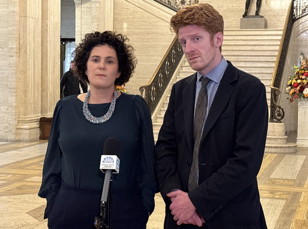 SDLP leader Claire Hanna and Official Opposition leader Matthew O’Toole speak to the media at Parliament Buildings, Stormont, in Belfast (Rebecca Black/PA) (PA Wire)