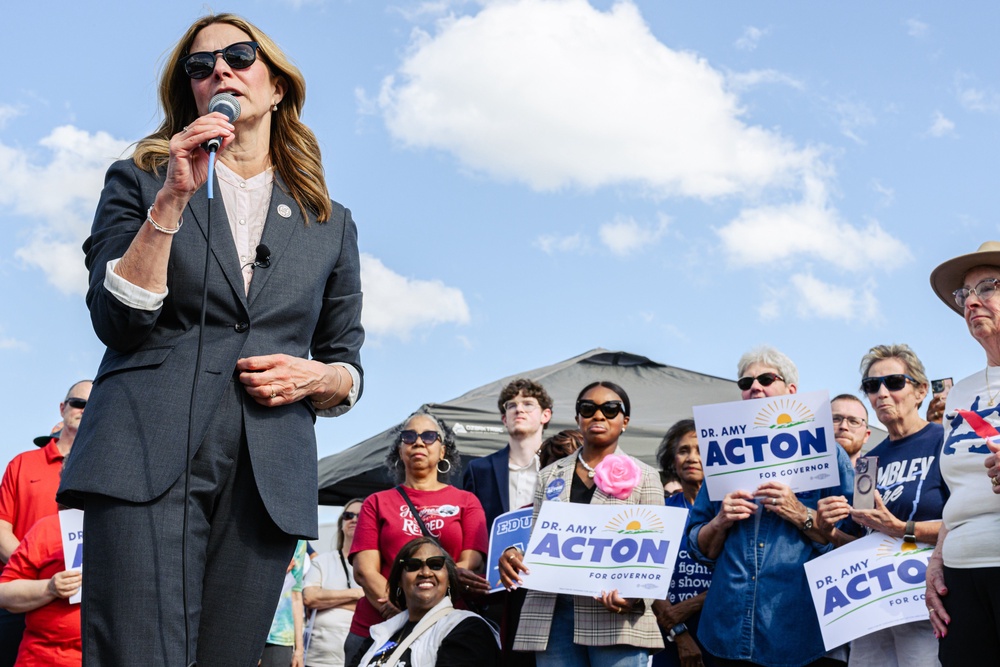 Ohio Democratic gubernatorial candidate and former director of the Ohio Department of Health, Dr. Amy Acton, speaks to supporters during a rally on April 28, 2026 in Cincinnati, Ohio (Getty Images)