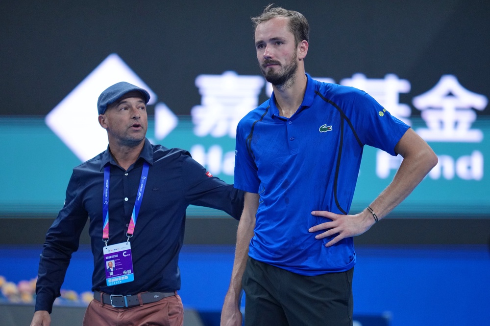 Daniil Medvedev was disqualified from his China Open semi-final against Novak Djokovic (Achmad Ibrahim/AP) (AP)
