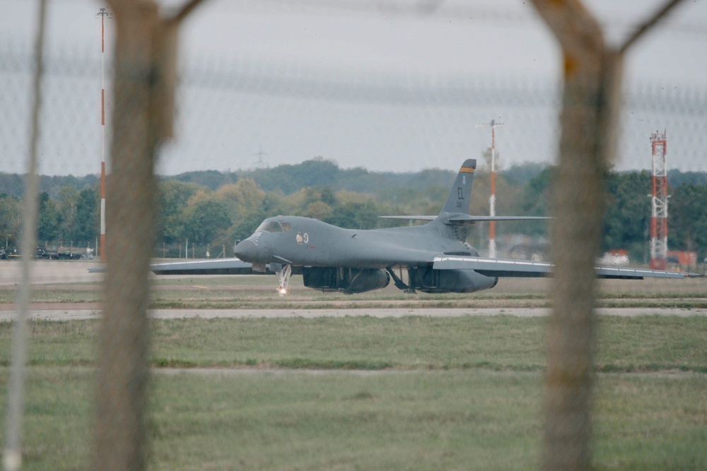 A US Air Force Rockwell B-1 Lancer bomber at RAF Fairford in Gloucestershire last month (PA Wire)