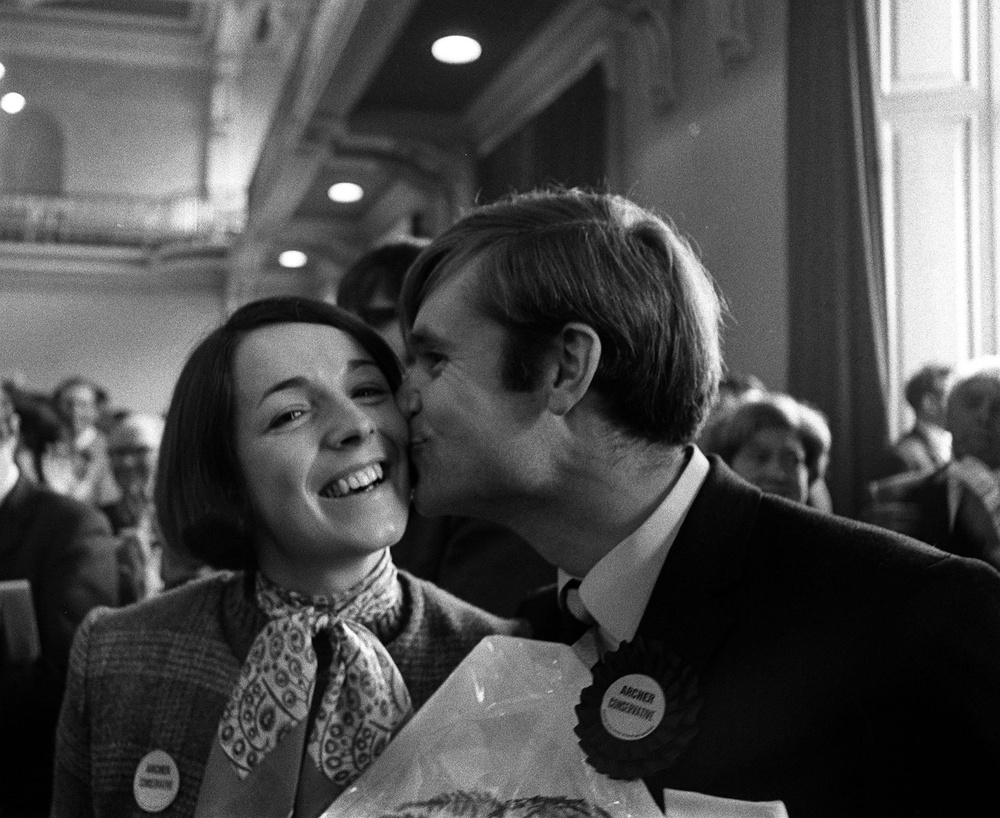 A kiss for his wife Mary after winning the 1969 Louth by-election for the Conservatives (PA) (PA Archive)
