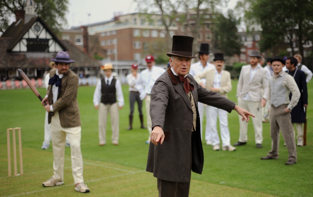 Jeffrey Archer, dressed in Victorian costume, umpires the start of the Wisden Victorian Cricket Match at Vincent Square, London to mark the 150th anniversary of the cricketers’ almanack (PA) (PA Archive)