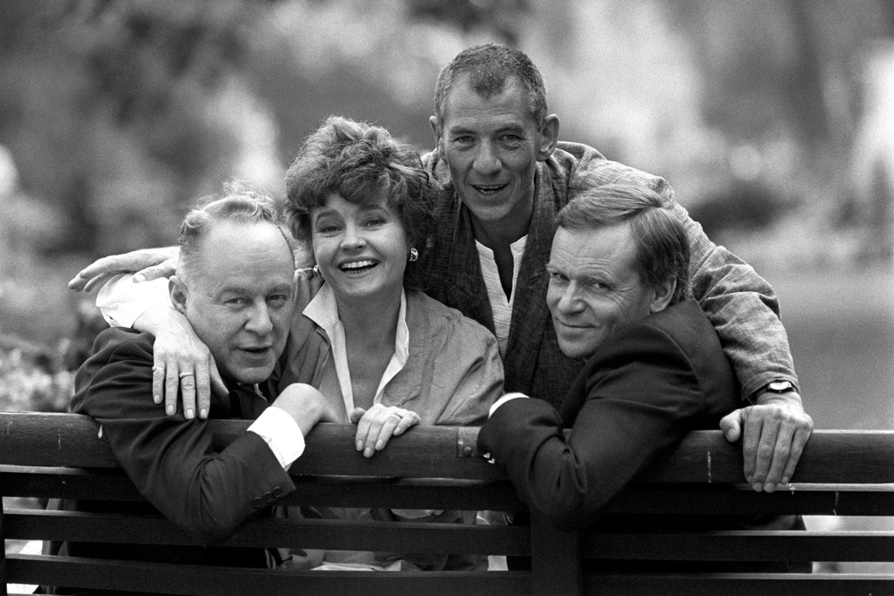 With, from left, Ned Sherrin, Prunella Scales and Ian McKellen, ahead of an Aids charity fundraiser at his Playhouse Theatre in London in 1988 (PA) (PA Archive)