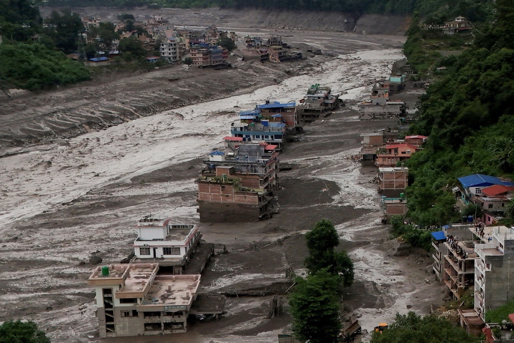 A drone view of mud covered properties following a flash flood at Trishuli in Nuwakot district, Nepal, August 26, 2026 (Reuters)