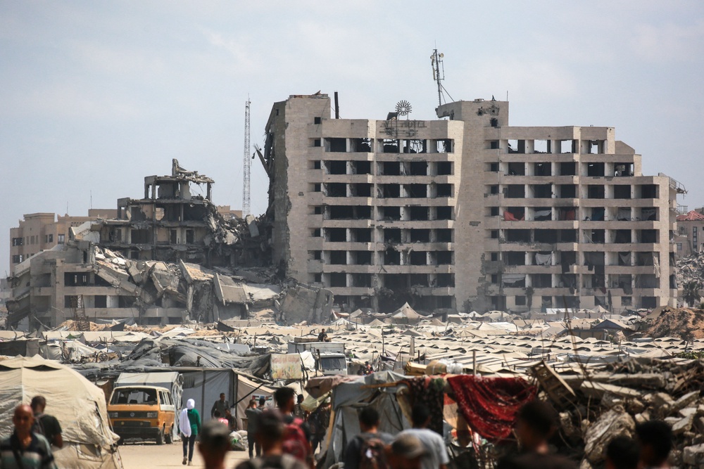 The charred exterior and heavily damaged upper floors of the seaside hotel following intensive military bombardment along the coast (AFP/Getty)