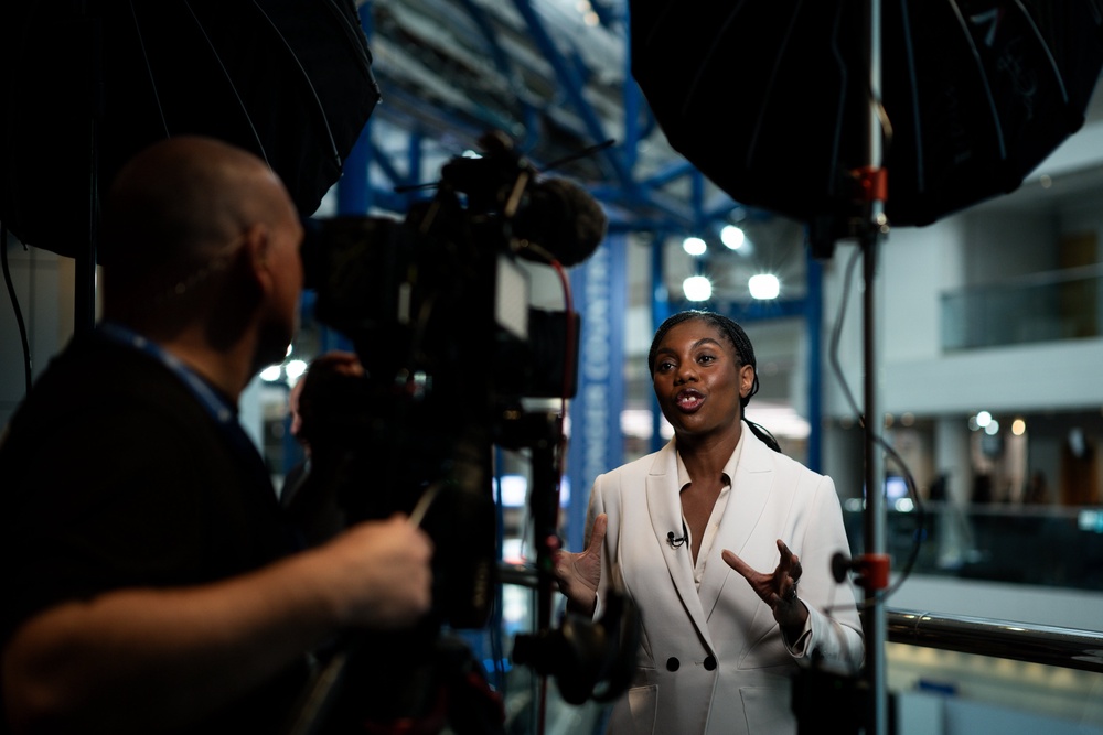 Kemi Badenoch speaking to the press at Conservative Party Conference (Getty)