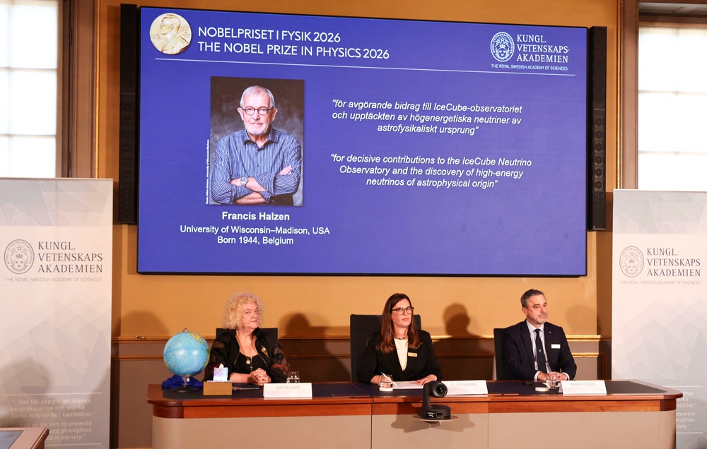 Eva Olsson, Ellen Moons, and Mark Pearce sit as they announce Francis Halzen as the recipient of the 2026 Nobel Prize in Physics (Reuters)