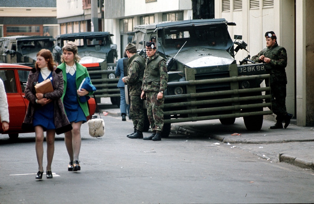 British troops of the Argyll and Sutherland Highlanders with armoured cars in the city of Belfast in Northern Ireland on routine patrol in 1973 (PA)