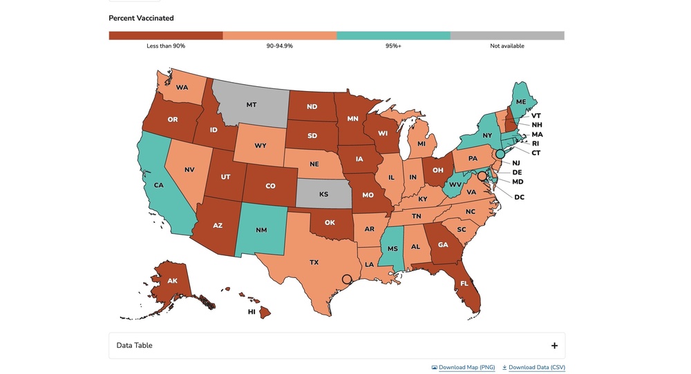 This CDC map, last updated October 2, shows vaccination rates among U.S. kindergarteners. The turquoise states have most coverage, with vaccinate rates above 95 percent, the level needed for immunity. Those in burnt orange have rates below 90 percent and those in light orange are in between 90-94.9 percent (CDC)