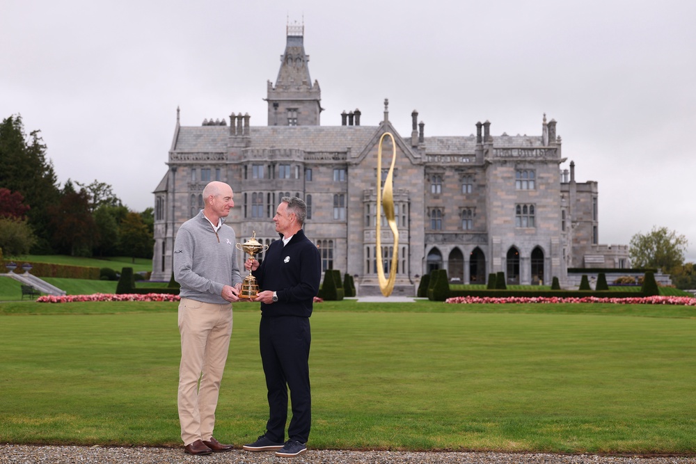 Jim Furyk, Team USA Captain, and Luke Donald, Team Europe Captain, pose for a photograph with the Ryder Cup Trophy (Getty)