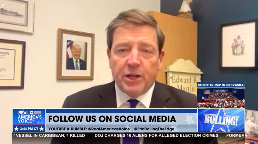 ‘When Tina Peters, you know, famous Colorado clerk, was in the Oval Office today just two hours ago talking about this question, the president's taking it seriously,’ Ed Martin said (Real America's Voice, YouTube)
