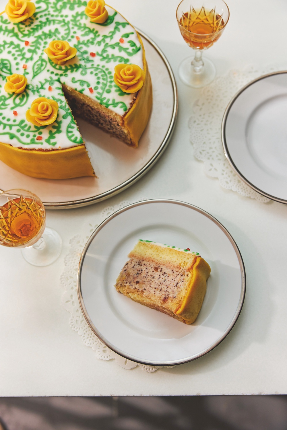 Bhogal’s Sicilian cassata layers lemon sponge with maraschino syrup, chocolate and orange ricotta, marzipan and royal icing (Matt Russell)