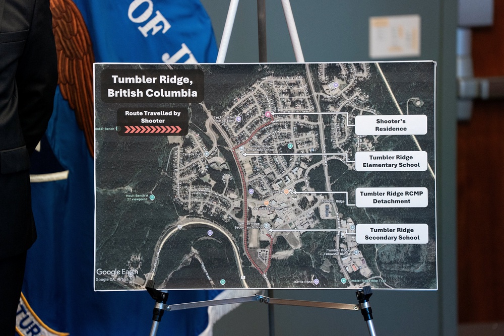 A map shows areas related to the Tumble Ridge investigation as authorities announce the arrest of a 30 year old Washington state person on a charge of conspiracy to murder persons in a foreign country, stemming from the February 2026 Tumbler Ridge, British Columbia (Reuters)