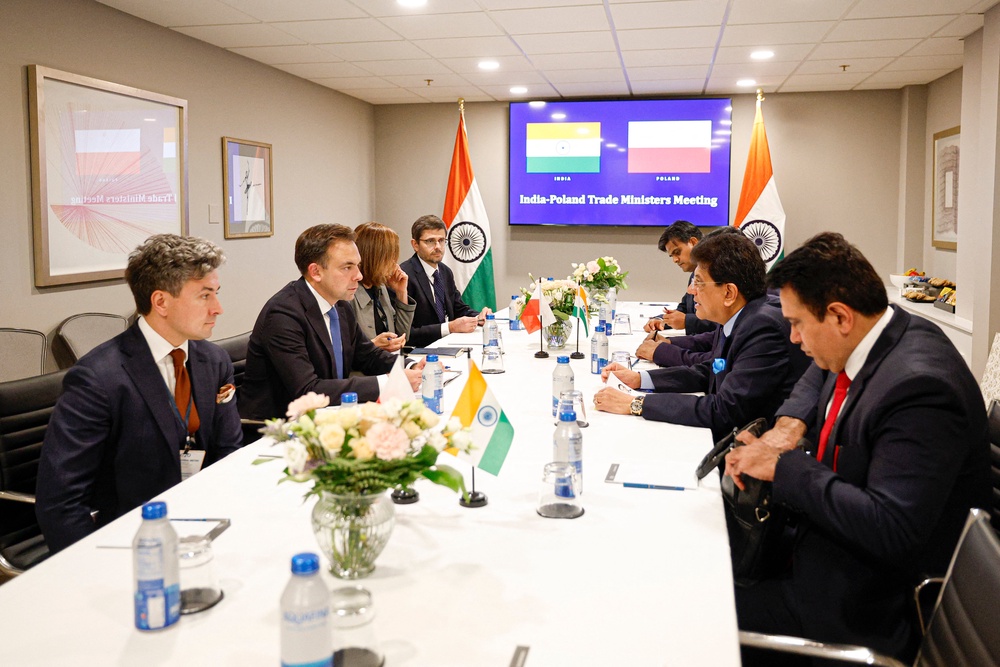 Indian commerce minister Piyush Goyal, right, with Polish finance minister Andrzej Domanski during the first day of the G20 Trade Ministerial Conference in Milwaukee, US (AFP/Getty)