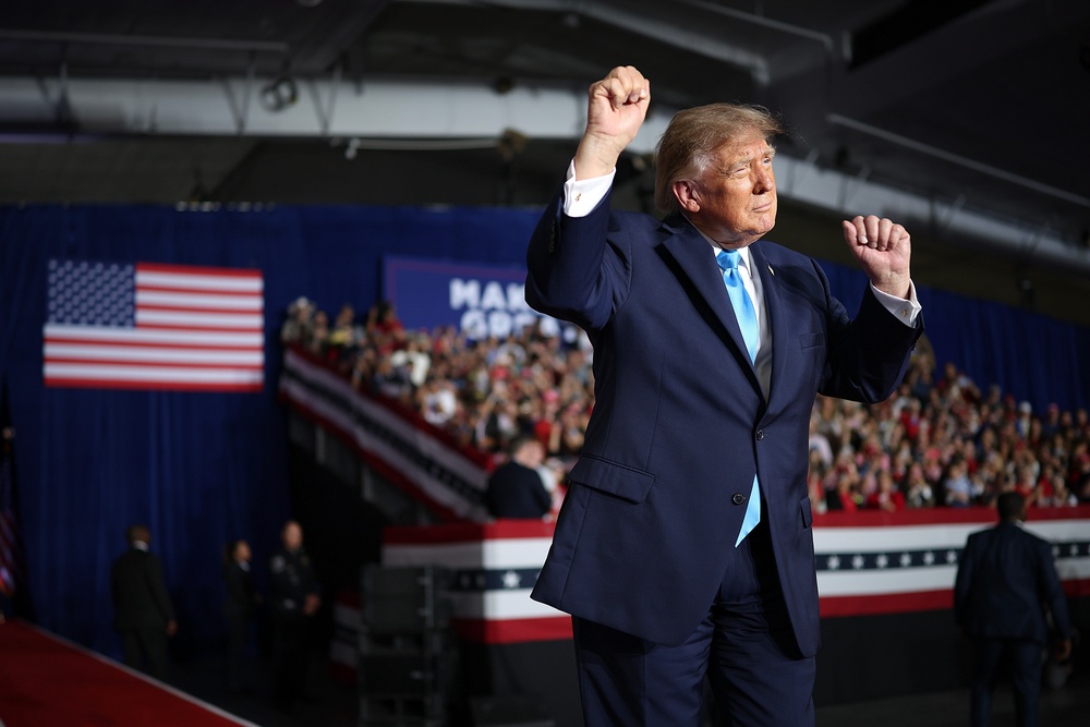 At a rally in Grand Island, Nebraska, Monday night, Trump was photographed pulling back his Navy suit jacket to reveal a tag for Jos. A. Bank, which markets its ‘everyday low prices’ on its website (Getty Images)