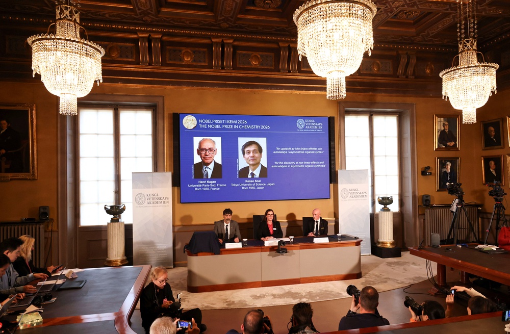 Henri Kagan and Kenso Soai are awarded the 2026 Nobel Prize in Chemistry during a press conference at the Royal Swedish Academy of Sciences in Stockholm, Sweden, October 7, 2026 (Reuters)